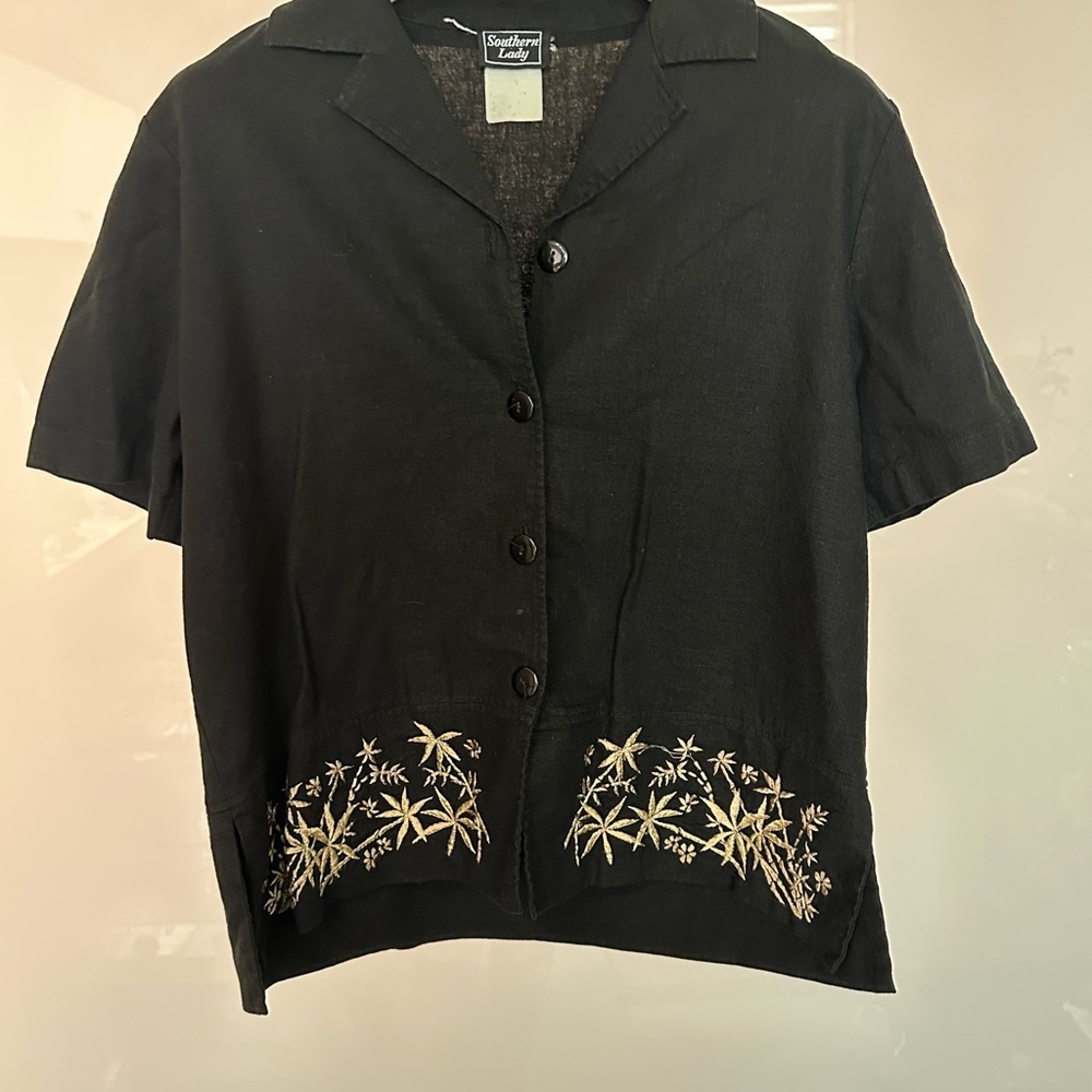 Vintage Black Button-Up Shirt with Embroidered Design linen blend